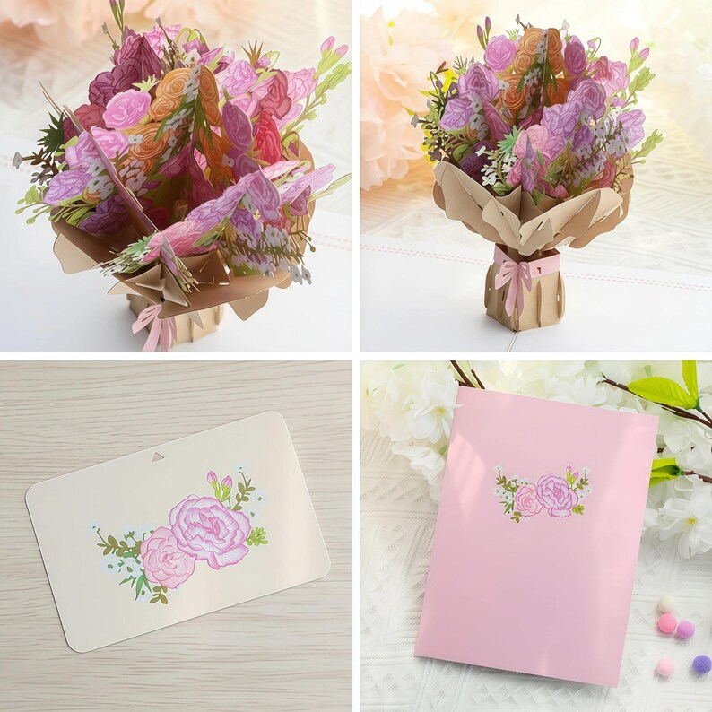 3D Blumenstrauß Pop-Up Grußkarte Rosa mit Umschlag