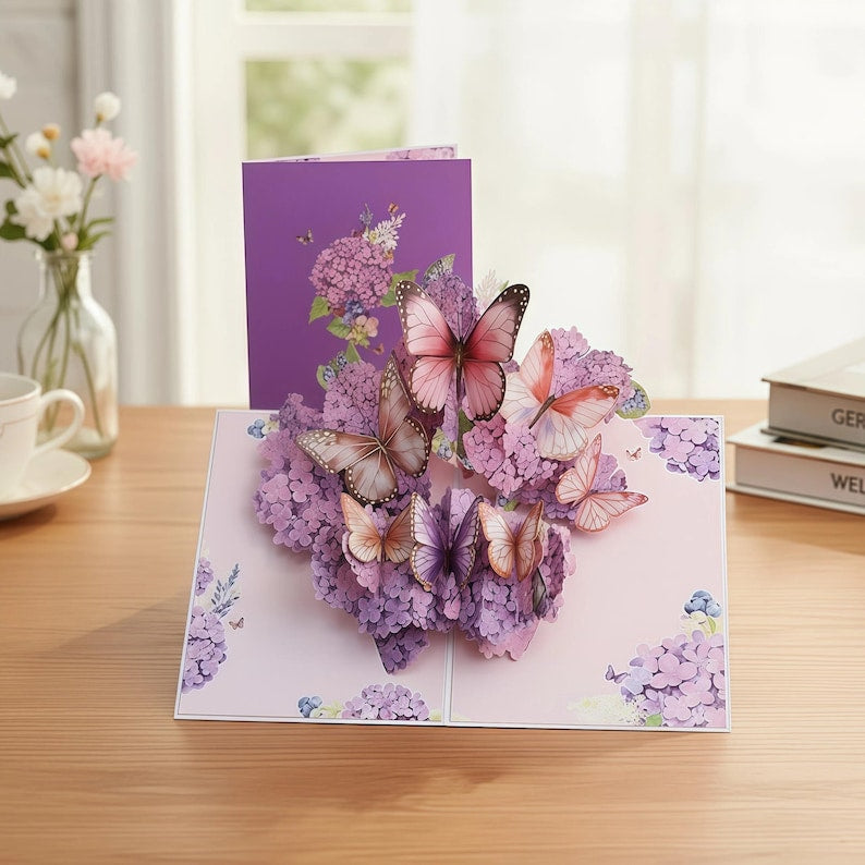 3D Pop-Up Grußkarte Schmetterling Blumen lila Hortensie Papierkunst Geburtstag