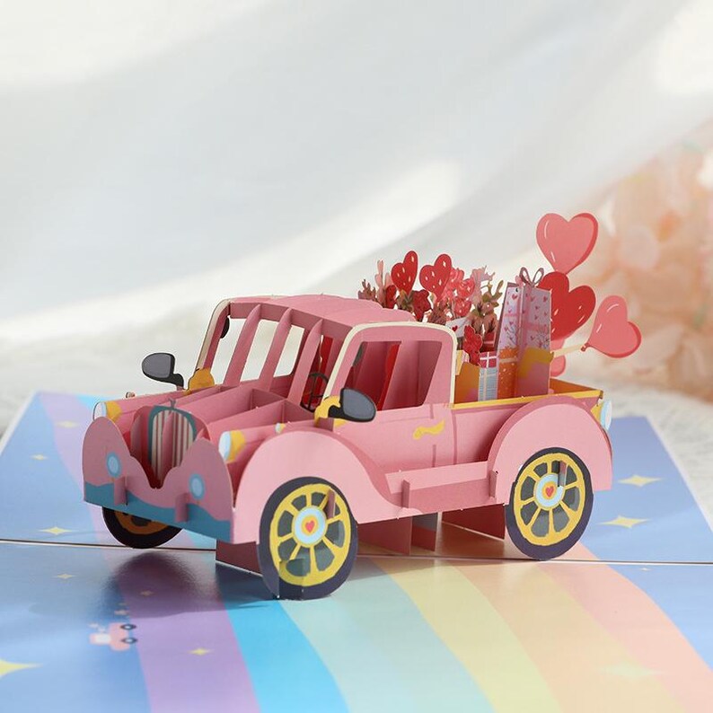 3D Pop-Up Grußkarte Love Car, LKW mit Geschenken & Herzen, Jubiläum Valentinstag