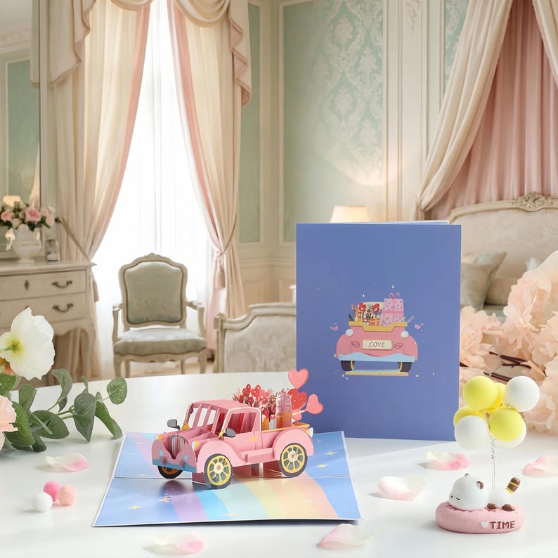 3D Pop-Up Grußkarte Love Car, LKW mit Geschenken & Herzen, Jubiläum Valentinstag