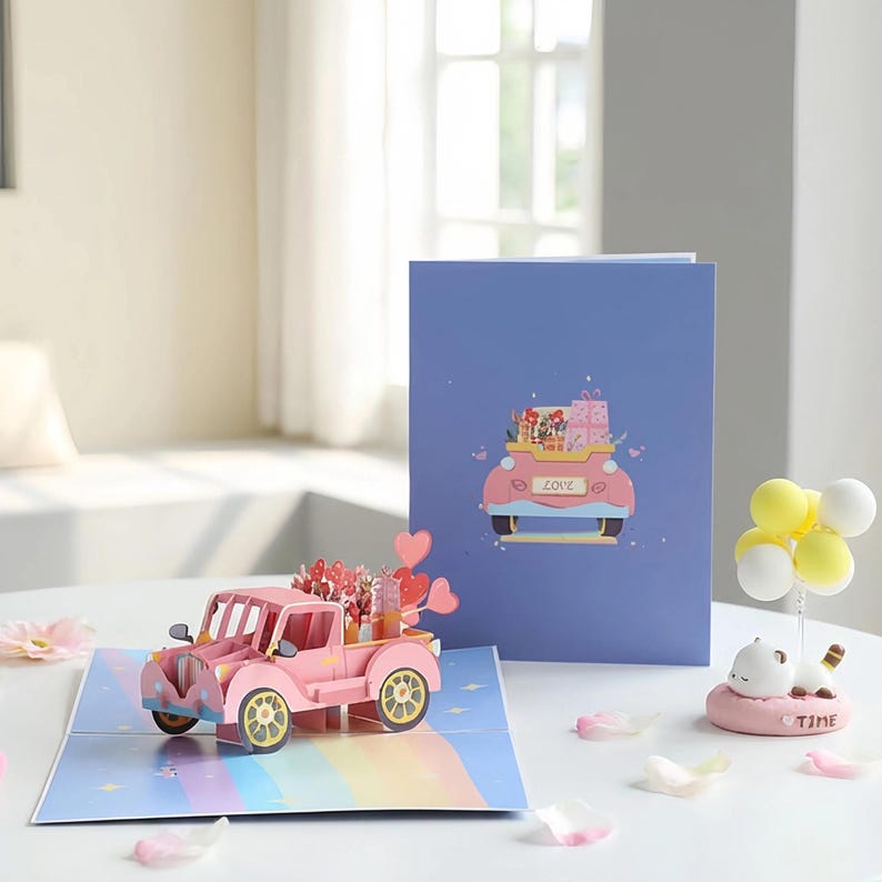 3D Pop-Up Grußkarte Love Car, LKW mit Geschenken & Herzen, Jubiläum Valentinstag