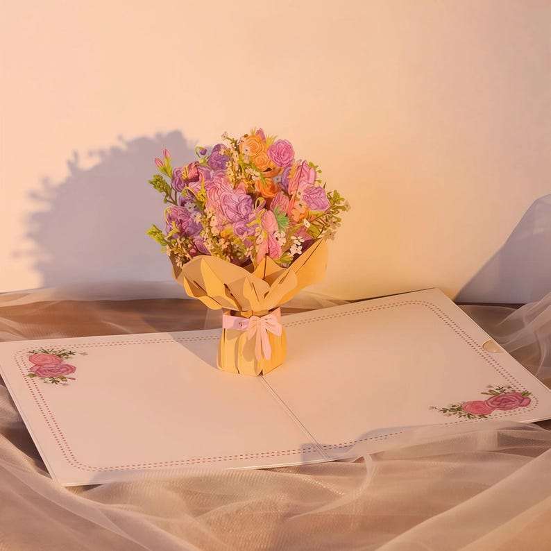 3D Blumenstrauß Pop-Up Grußkarte Rosa mit Umschlag
