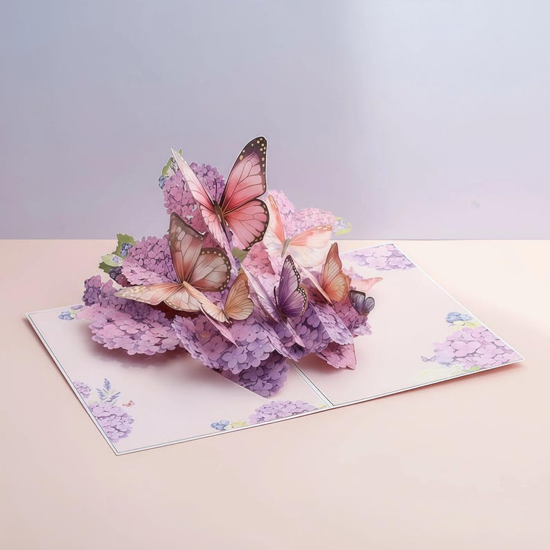 3D Pop-Up Grußkarte Schmetterling Blumen lila Hortensie Papierkunst Geburtstag