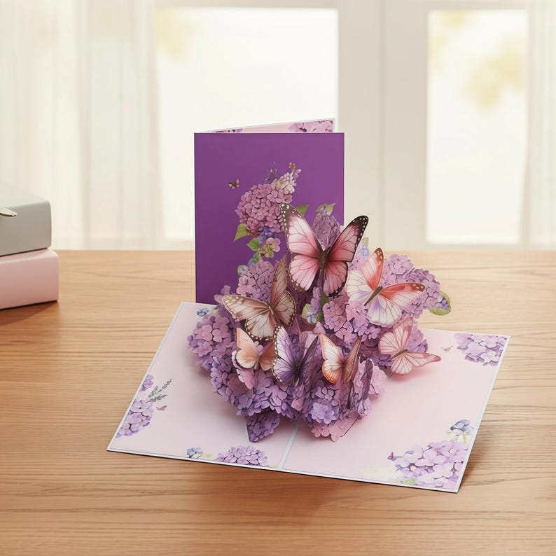 3D Pop-Up Grußkarte Schmetterling Blumen lila Hortensie Papierkunst Geburtstag