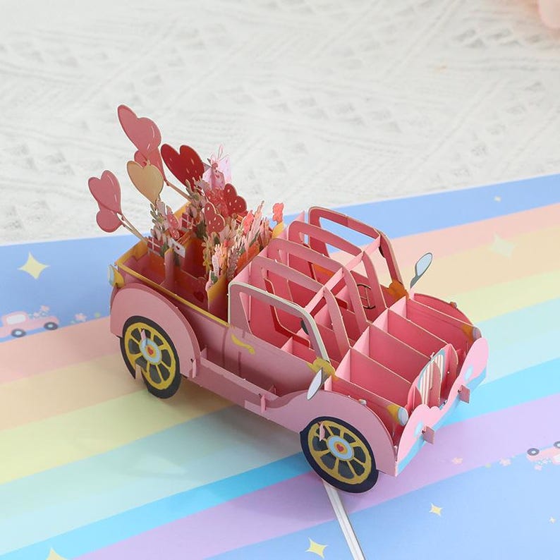 3D Pop-Up Grußkarte Love Car, LKW mit Geschenken & Herzen, Jubiläum Valentinstag