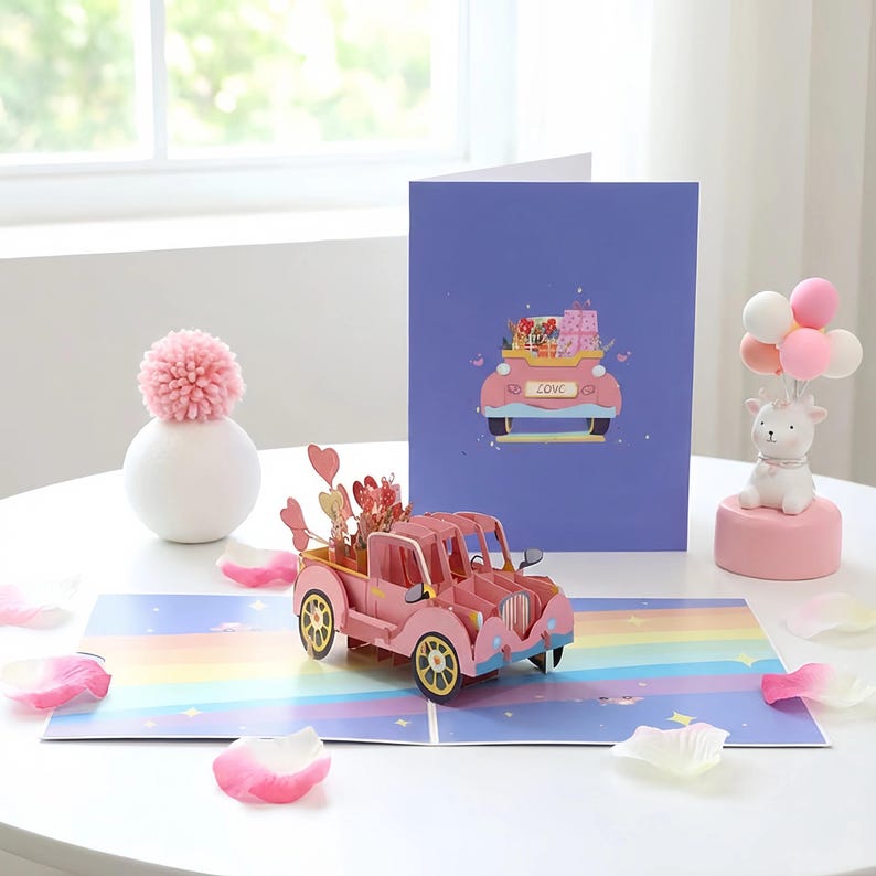 3D Pop-Up Grußkarte Love Car, LKW mit Geschenken & Herzen, Jubiläum Valentinstag