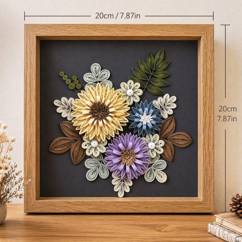 Quilled Blumen-Wanddekor, handgefertigte gerahmte Blumenkunst, Papierblumen-Schattenbox, 20 x 20 cm