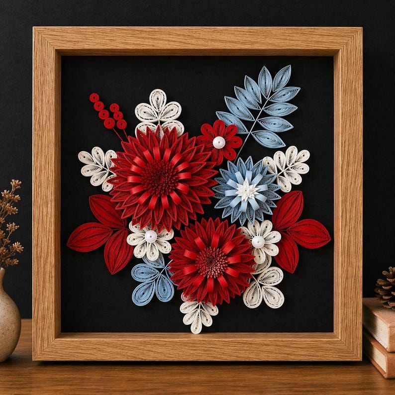 Quilled Blumen-Wanddekor, handgefertigte gerahmte Blumenkunst, Papierblumen-Schattenbox, 20 x 20 cm