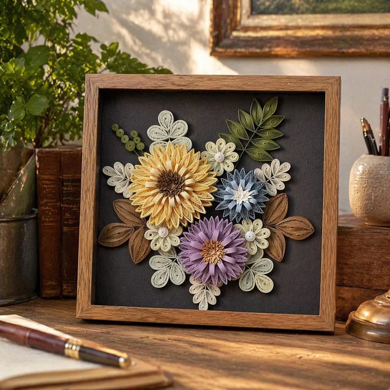 Quilled Blumen-Wanddekor, handgefertigte gerahmte Blumenkunst, Papierblumen-Schattenbox, 20 x 20 cm