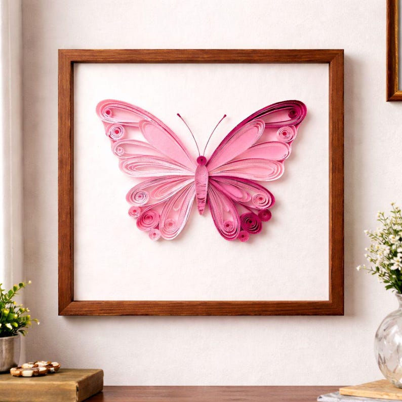 Quilling Schmetterling Wandkunst, gerahmte Papierkunst, 3D Papierquilling, 20 x 20 cm