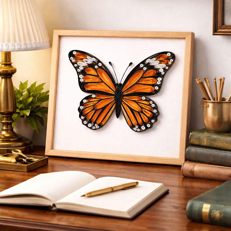 Quilling Schmetterling Wandkunst, gerahmte Papierkunst, 3D Papierquilling, 20 x 20 cm