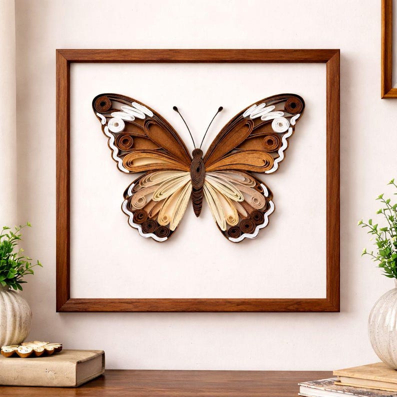 Quilling Schmetterling Wandkunst, gerahmte Papierkunst, 3D Papierquilling, 20 x 20 cm