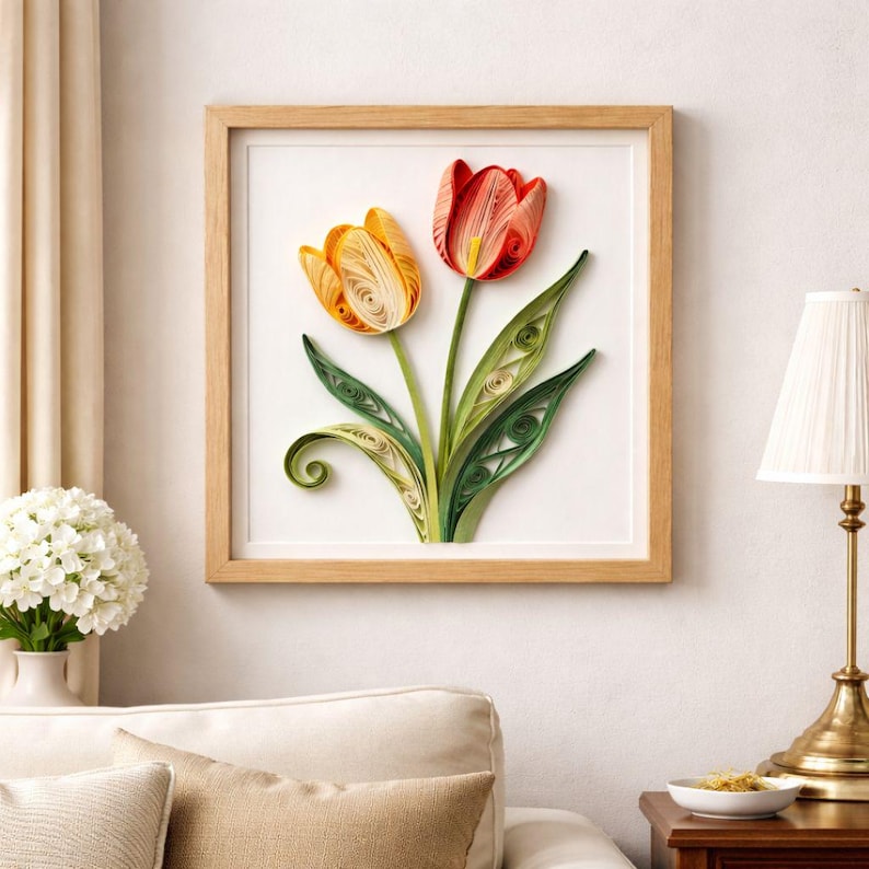 Handgemachte Quilling-Tulpen-Wandkunst, gerahmt, 20 cm, Blumendekor für Zuhause