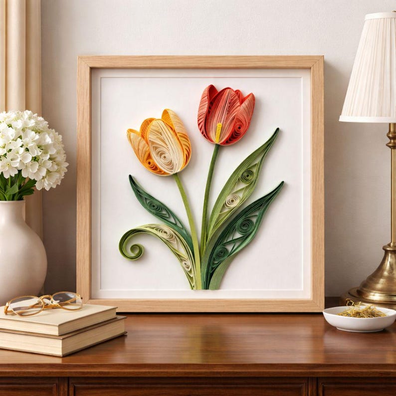 Handgemachte Quilling-Tulpen-Wandkunst, gerahmt, 20 cm, Blumendekor für Zuhause