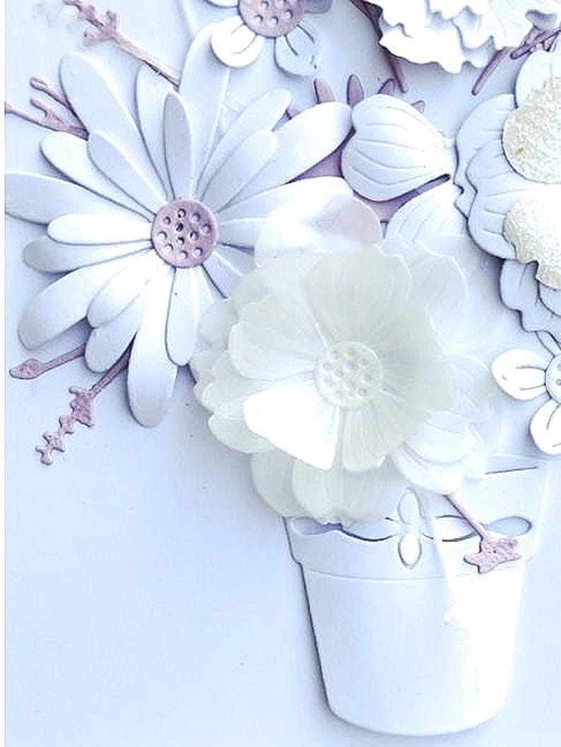 3D-Blumenbild aus Papier, weißer Blumenrahmen, Papierskulptur, Wandbild, handgefertigt