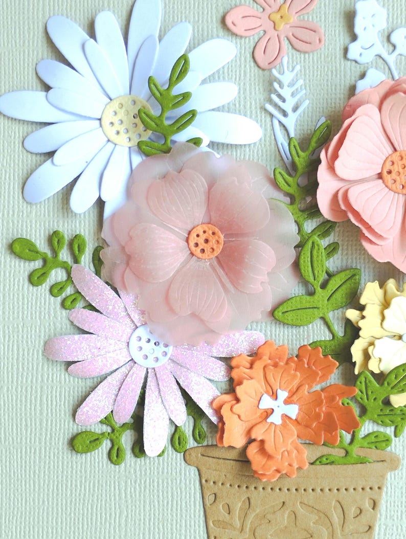 3D Papierschnittbild mit Pastellblumen, Reliefrahmen, Wandbild, Papierskulptur