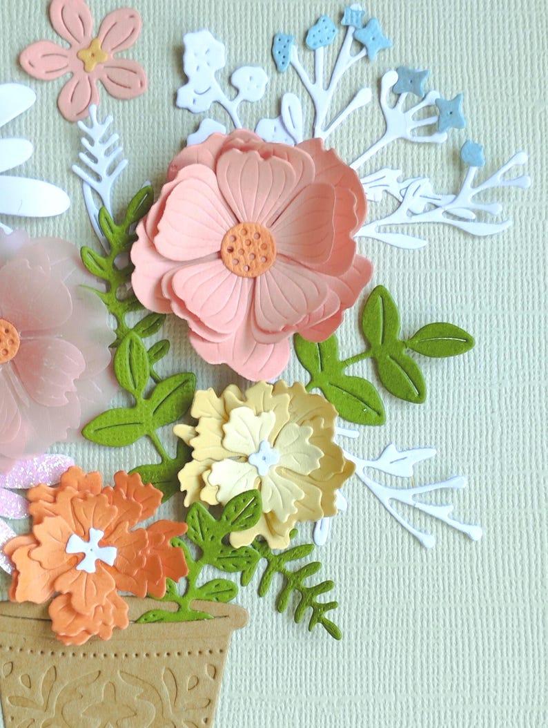 3D Papierschnittbild mit Pastellblumen, Reliefrahmen, Wandbild, Papierskulptur