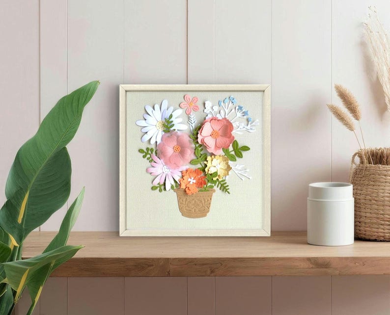 3D Papierschnittbild mit Pastellblumen, Reliefrahmen, Wandbild, Papierskulptur