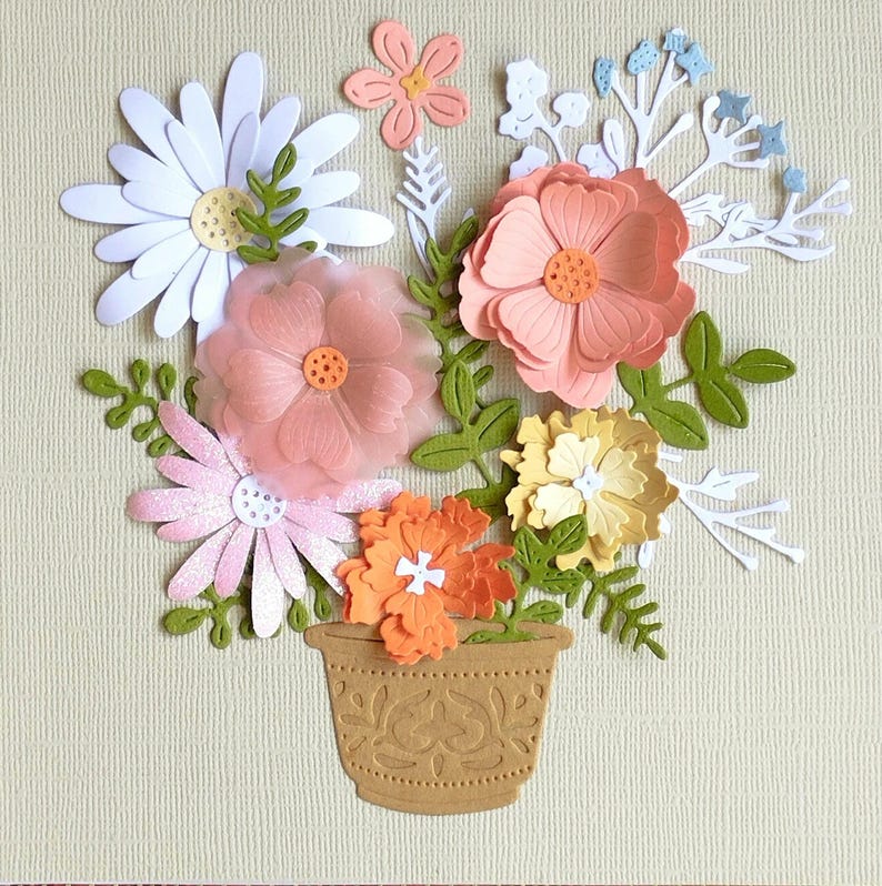 3D Papierschnittbild mit Pastellblumen, Reliefrahmen, Wandbild, Papierskulptur