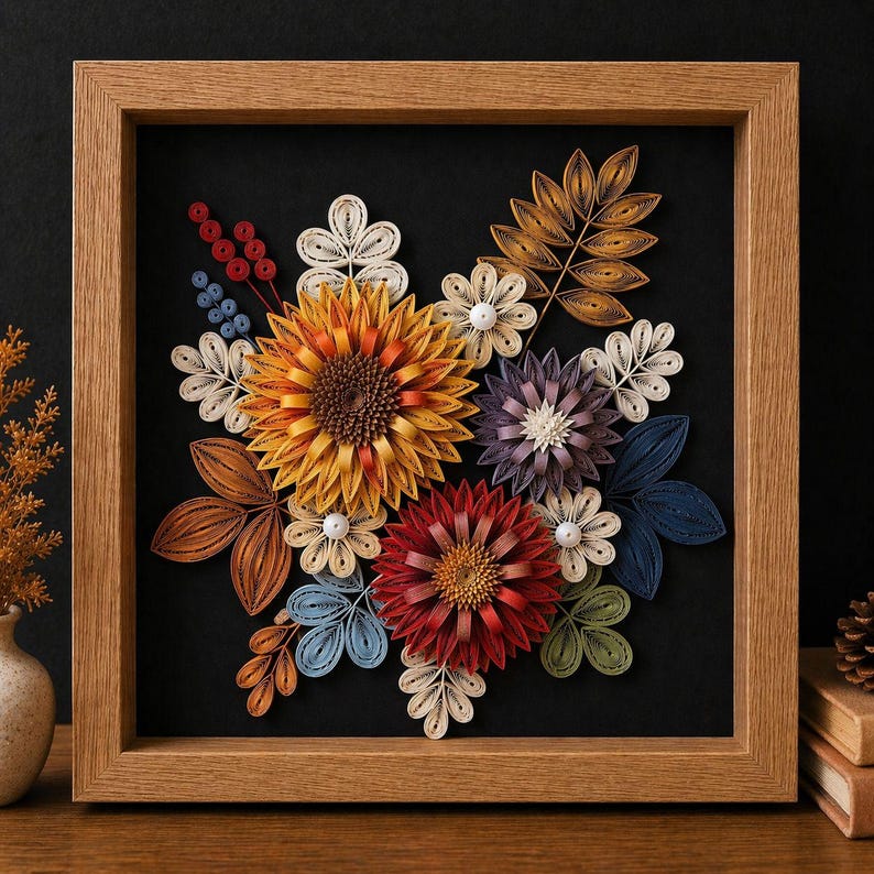 Quilled Blumen-Wanddekor, handgefertigte gerahmte Blumenkunst, Papierblumen-Schattenbox, 20 x 20 cm