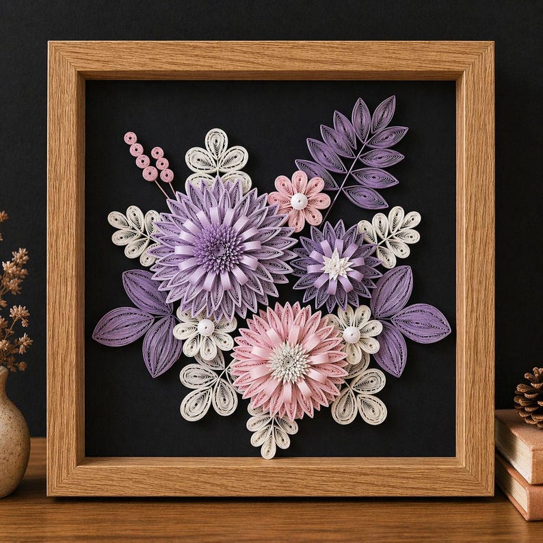 Quilled Blumen-Wanddekor, handgefertigte gerahmte Blumenkunst, Papierblumen-Schattenbox, 20 x 20 cm