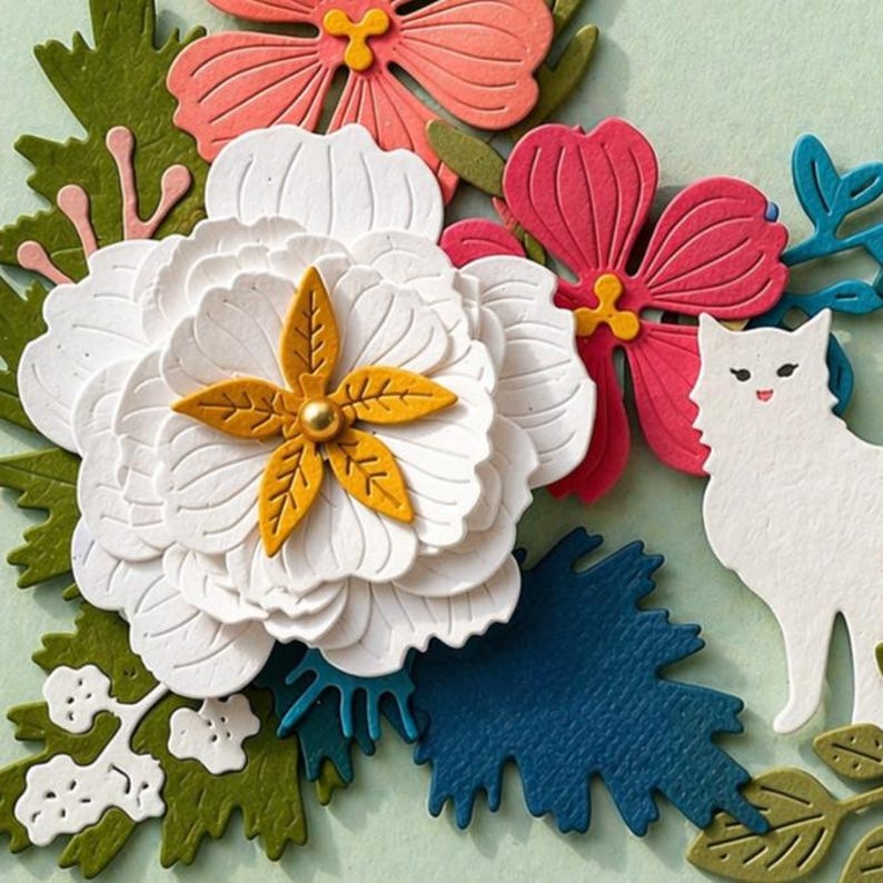 3D Papierschnittbild Blumen Katze Relief, gerahmte Papierskulptur, Wanddeko, 18x18cm, Handarbeit