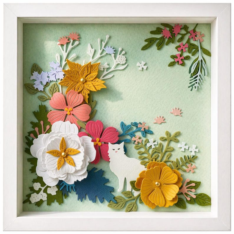 3D Papierschnittbild Blumen Katze Relief, gerahmte Papierskulptur, Wanddeko, 18x18cm, Handarbeit
