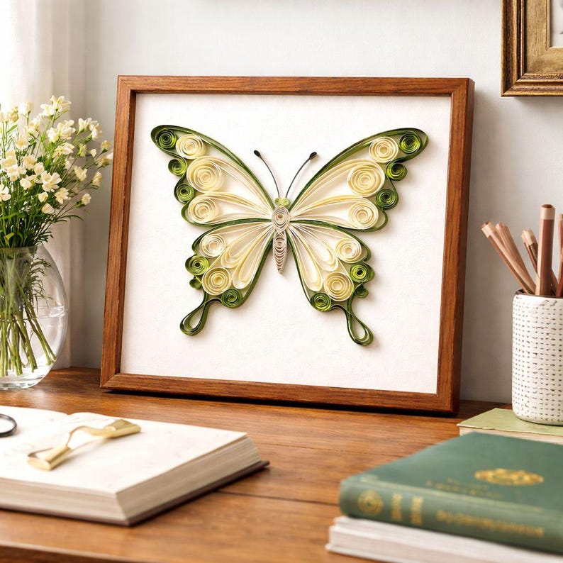 Quilling Schmetterling Wandkunst, gerahmte Papierkunst, 3D Papierquilling, 20 x 20 cm