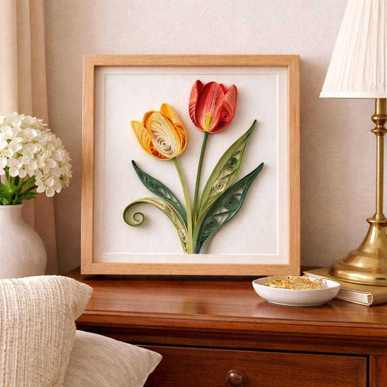 Handgemachte Quilling-Tulpen-Wandkunst, gerahmt, 20 cm, Blumendekor für Zuhause