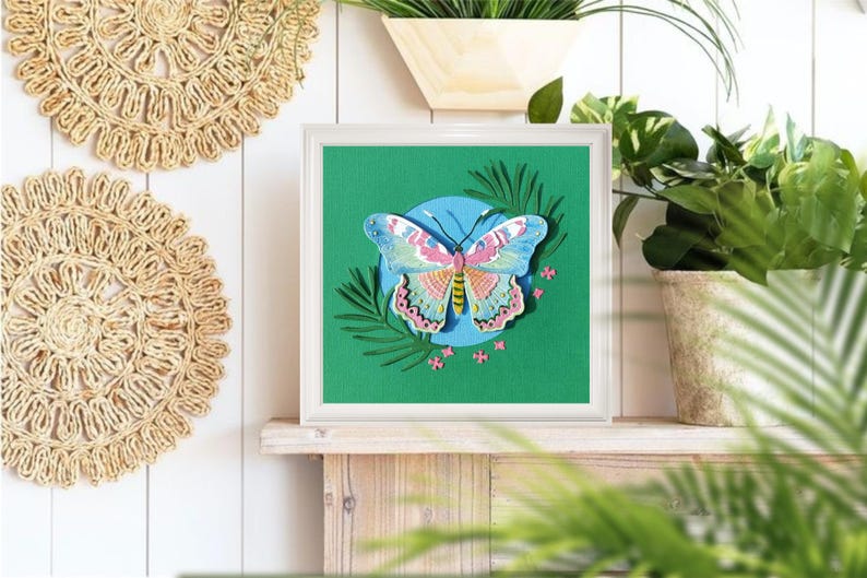 3D Schmetterlingsbild aus Papier, Reliefskulptur, Wandkunst, 18x18 cm, Insekten-Deko, Rahmen inklusive