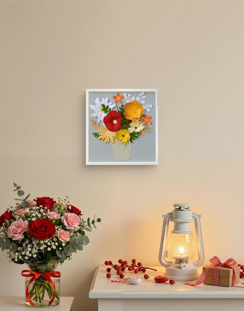 3D-Blumenbild aus Papier, farbenfroher Blumenrahmen, Papierskulptur, florales Wandbild, 18x18 cm