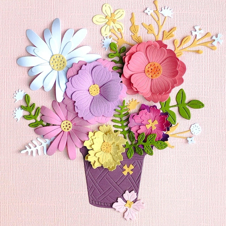 3D-Blumenbild aus Papier, Reliefrahmen mit Pastellblumen, Papierskulptur, florales Wandbild, 18x18 cm