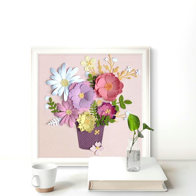 3D-Blumenbild aus Papier, Reliefrahmen mit Pastellblumen, Papierskulptur, florales Wandbild, 18x18 cm