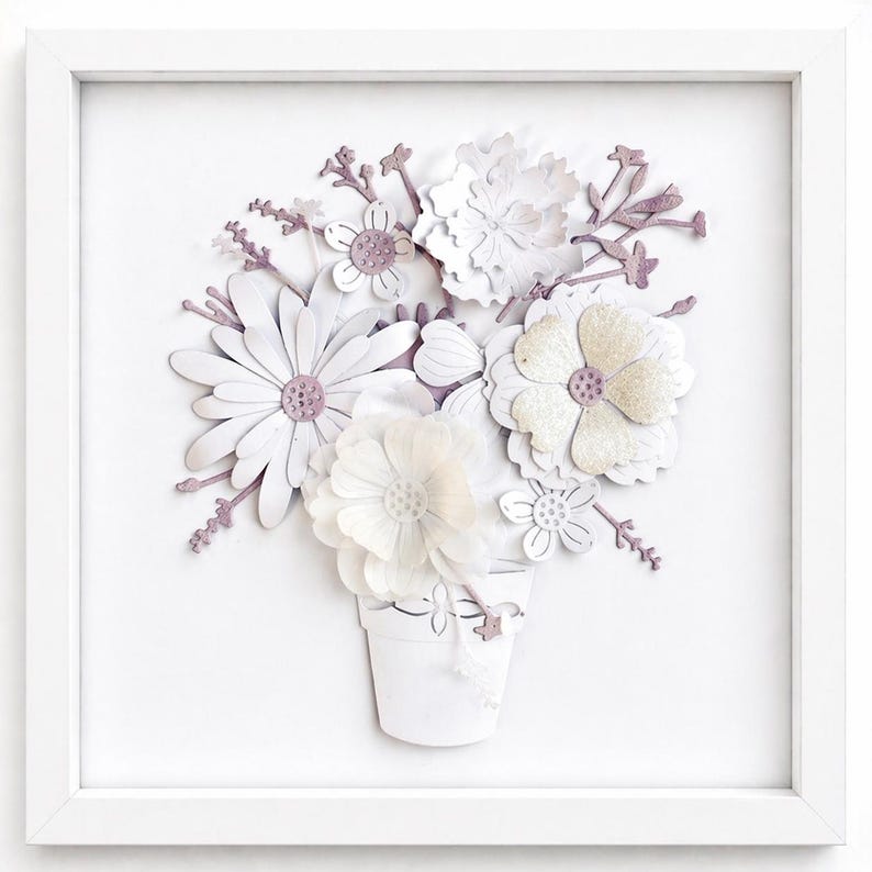 3D-Blumenbild aus Papier, weißer Blumenrahmen, Papierskulptur, Wandbild, handgefertigt