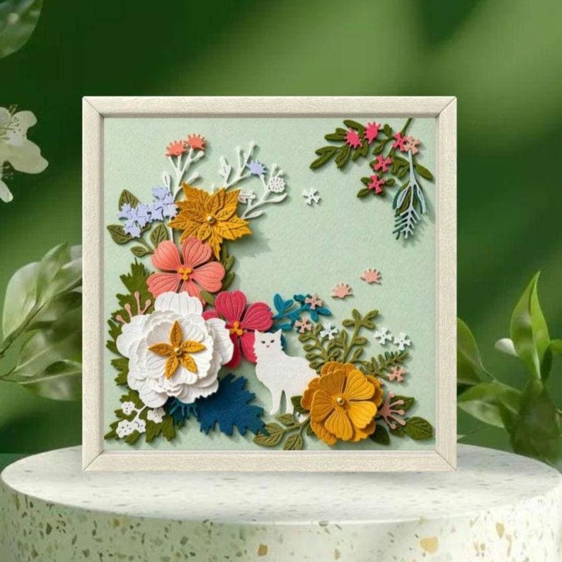 3D Papierschnittbild Blumen Katze Relief, gerahmte Papierskulptur, Wanddeko, 18x18cm, Handarbeit