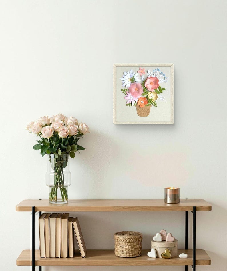 3D Papierschnittbild mit Pastellblumen, Reliefrahmen, Wandbild, Papierskulptur