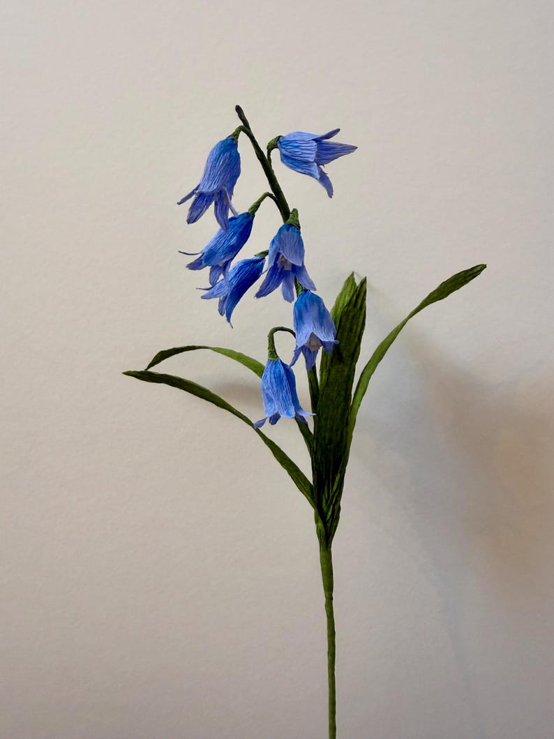 Glockenblume aus Krepppapier, handgefertigt, 7 Blüten, 4 Blätter, flexible Stiele, einzelner Stiel oder Bündel