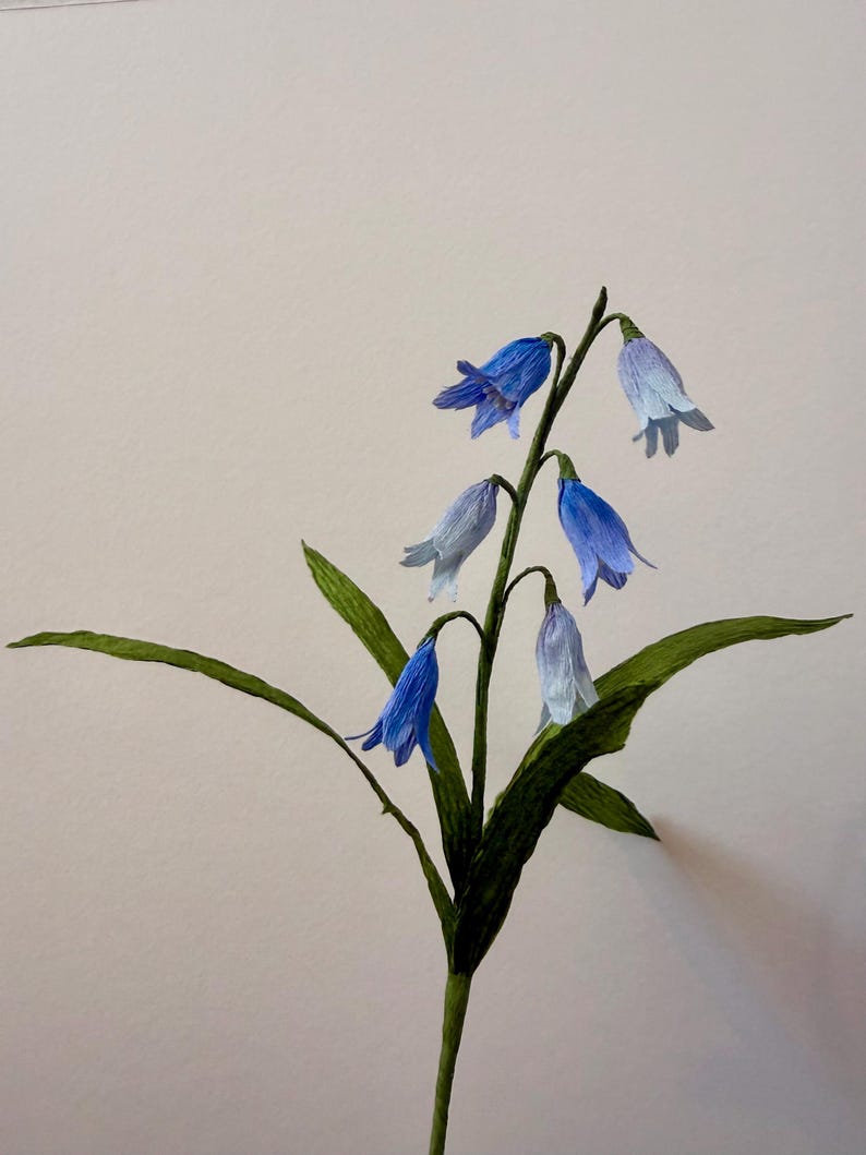 Glockenblume aus Krepppapier, handgefertigt, 7 Blüten, 4 Blätter, flexible Stiele, einzelner Stiel oder Bündel