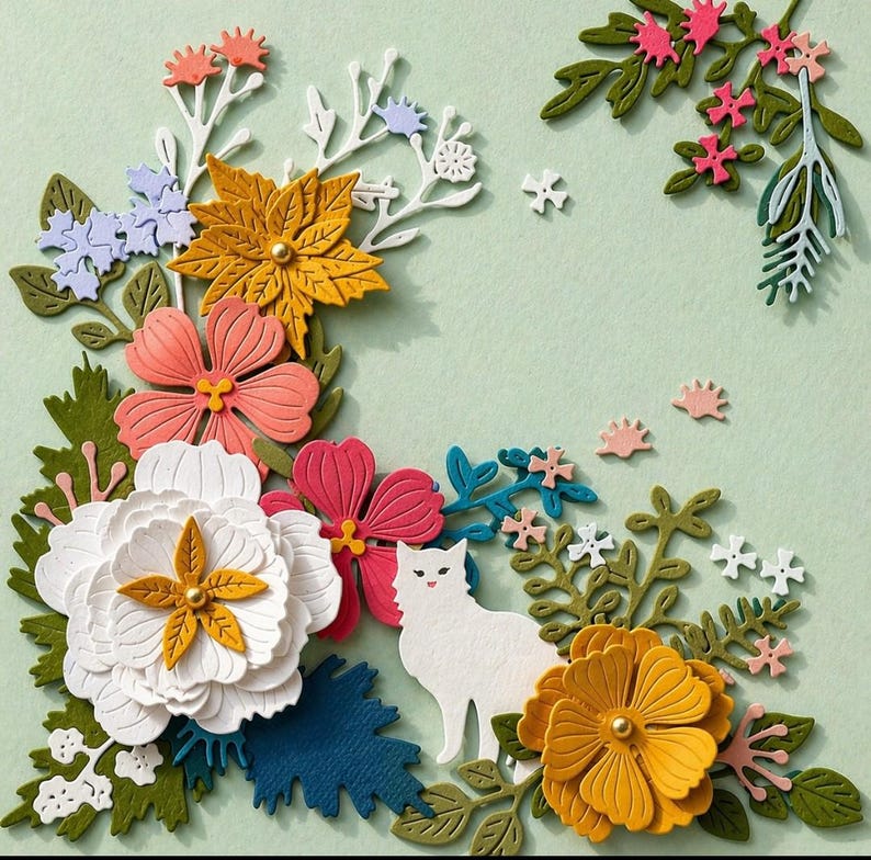 3D Papierschnittbild Blumen Katze Relief, gerahmte Papierskulptur, Wanddeko, 18x18cm, Handarbeit