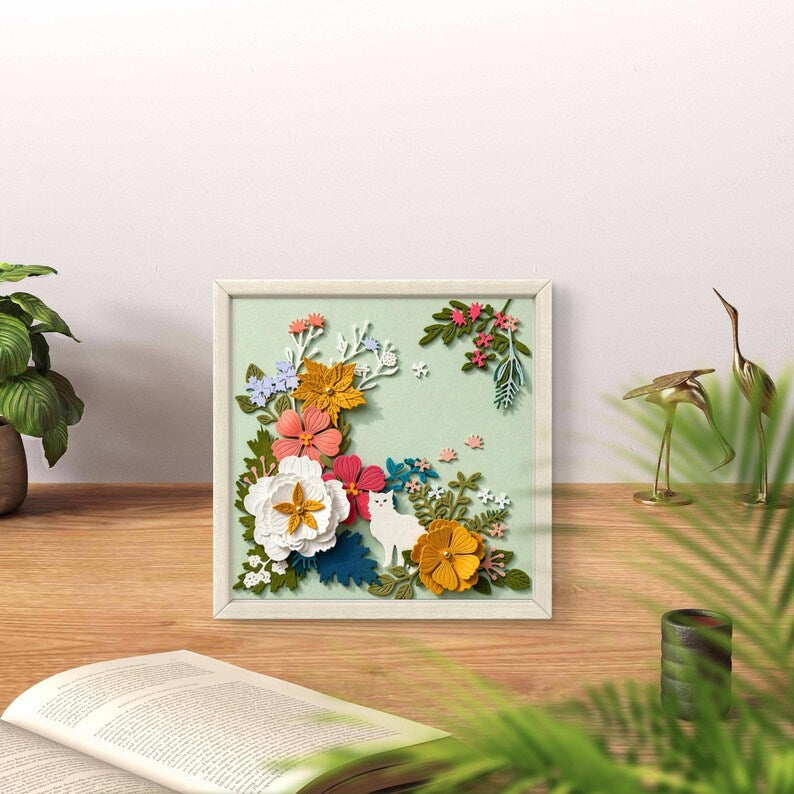 3D Papierschnittbild Blumen Katze Relief, gerahmte Papierskulptur, Wanddeko, 18x18cm, Handarbeit