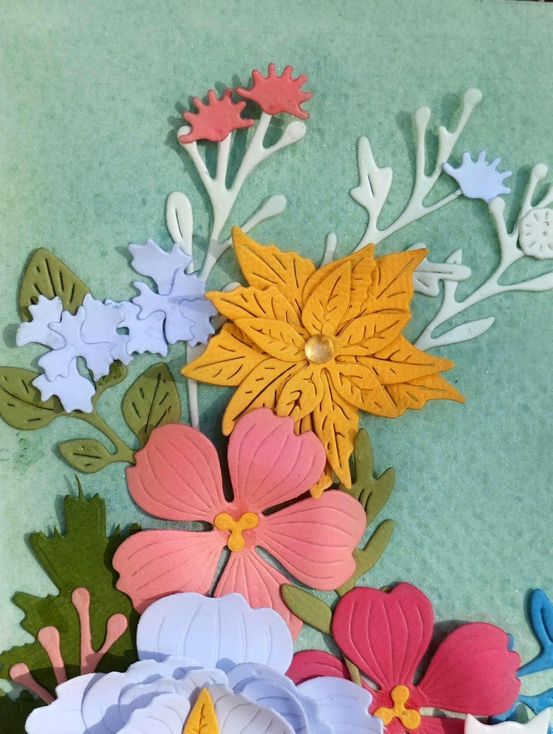 3D Papierschnittbild Blumen Katze Relief, gerahmte Papierskulptur, Wanddeko, 18x18cm, Handarbeit