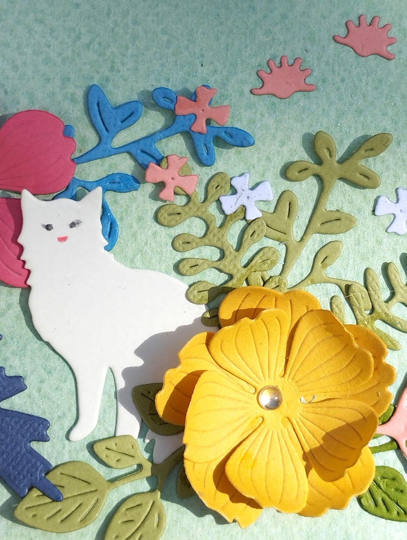 3D Papierschnittbild Blumen Katze Relief, gerahmte Papierskulptur, Wanddeko, 18x18cm, Handarbeit