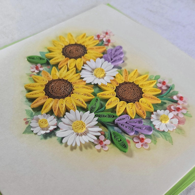 Quilling Herz Karte Sonnenblumen - 3D Blumenkarte für Muttertag, Geburtstag, Papierkunst