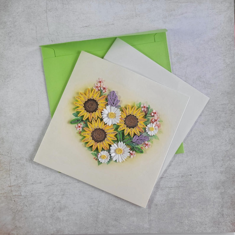 Quilling Herz Karte Sonnenblumen - 3D Blumenkarte für Muttertag, Geburtstag, Papierkunst