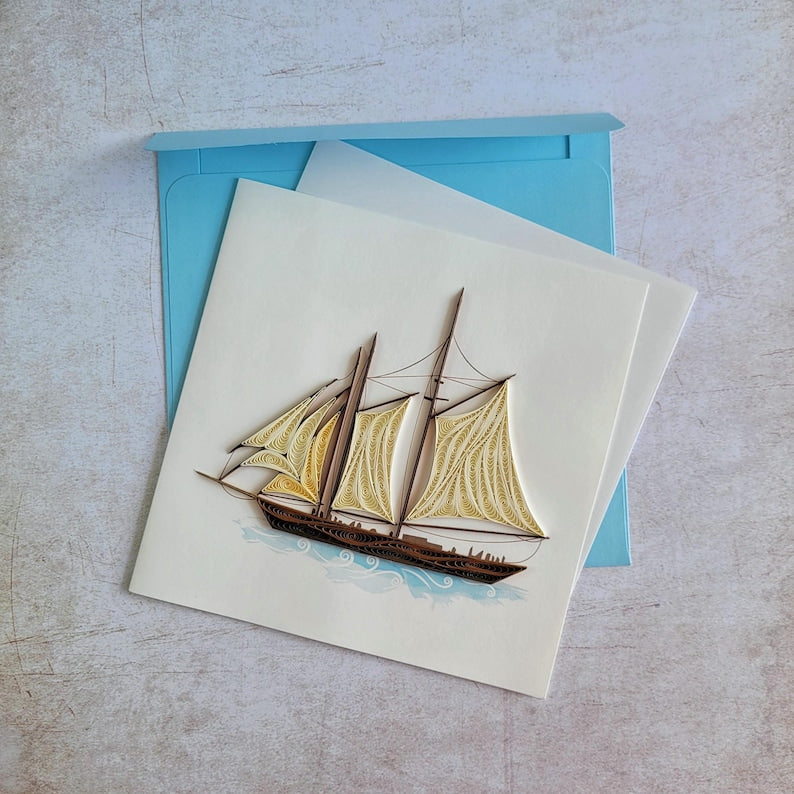 Quilling Segelschiff Karte, Handgemachte maritime Grußkarte, Sailboat Card, Nautische Papierkunst, Karte für Meeresliebhaber