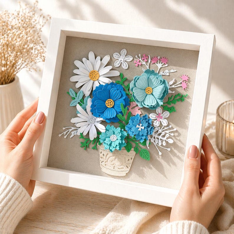 Dreidimensionales Papierblumenbild, geprägter blauer Blumenrahmen, Papierskulptur, florales Wandbild, 18x18 cm