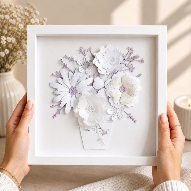 3D-Blumenbild aus Papier, weißer Blumenrahmen, Papierskulptur, Wandbild, handgefertigt