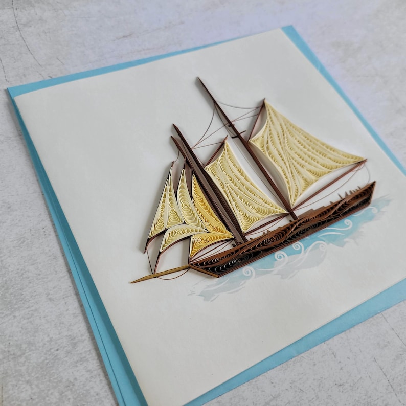 Quilling Segelschiff Karte, Handgemachte maritime Grußkarte, Sailboat Card, Nautische Papierkunst, Karte für Meeresliebhaber