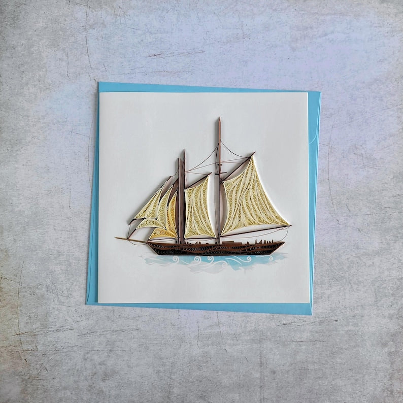 Quilling Segelschiff Karte, Handgemachte maritime Grußkarte, Sailboat Card, Nautische Papierkunst, Karte für Meeresliebhaber
