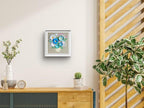 Dreidimensionales Papierblumenbild, geprägter blauer Blumenrahmen, Papierskulptur, florales Wandbild, 18x18 cm